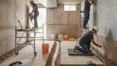 Stockton, CA water-damage team inspecting basement waterproofing and moisture damage in a home