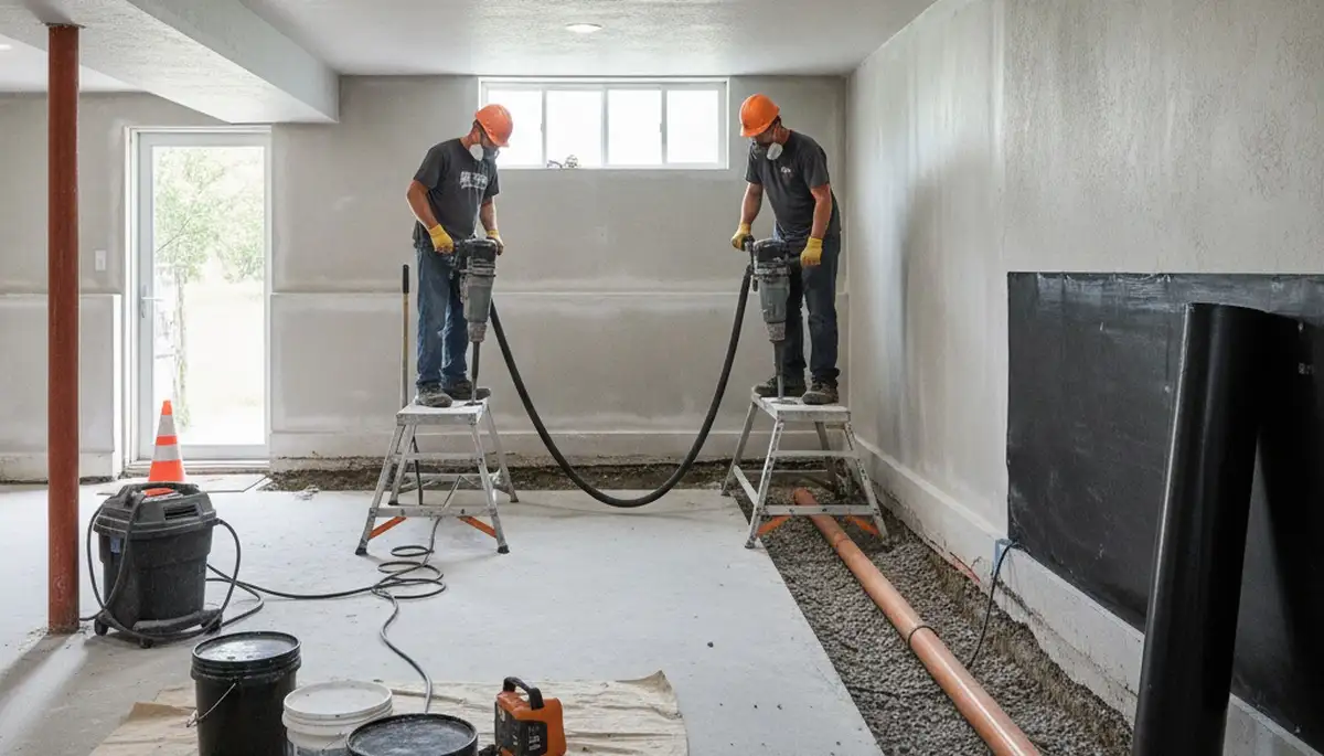 Water damage crew installing basement waterproofing in Stockton, CA home