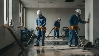 Stockton, CA commercial water damage restoration crew removing floodwater and drying a business property