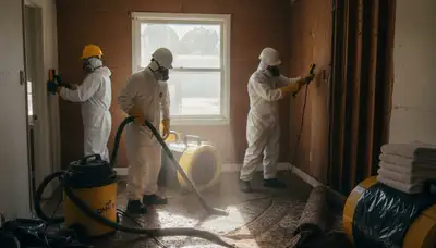 Flood damage cleanup team in Stockton, CA removing standing water from a home