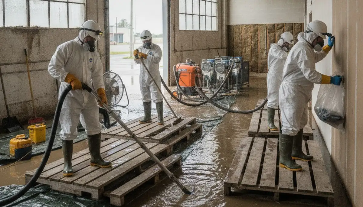 Stockton, CA water damage cleanup team removing standing water from a flooded home