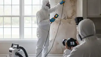 Mold inspection technician in Stockton, CA assessing moisture damage in a home
