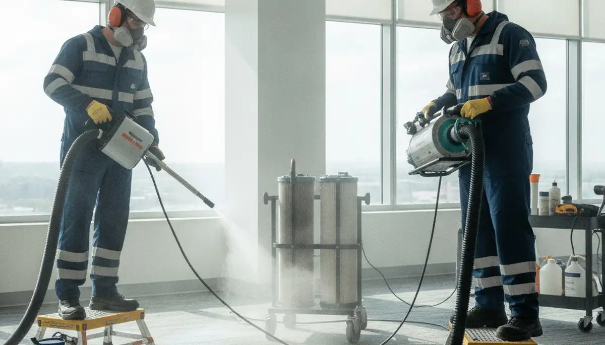 Odor removal technician in Stockton, CA treating musty water damage smells in a home