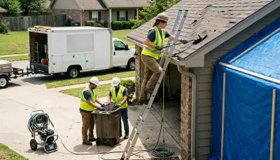 Storm damage restoration crew repairing water damage in Stockton, CA home