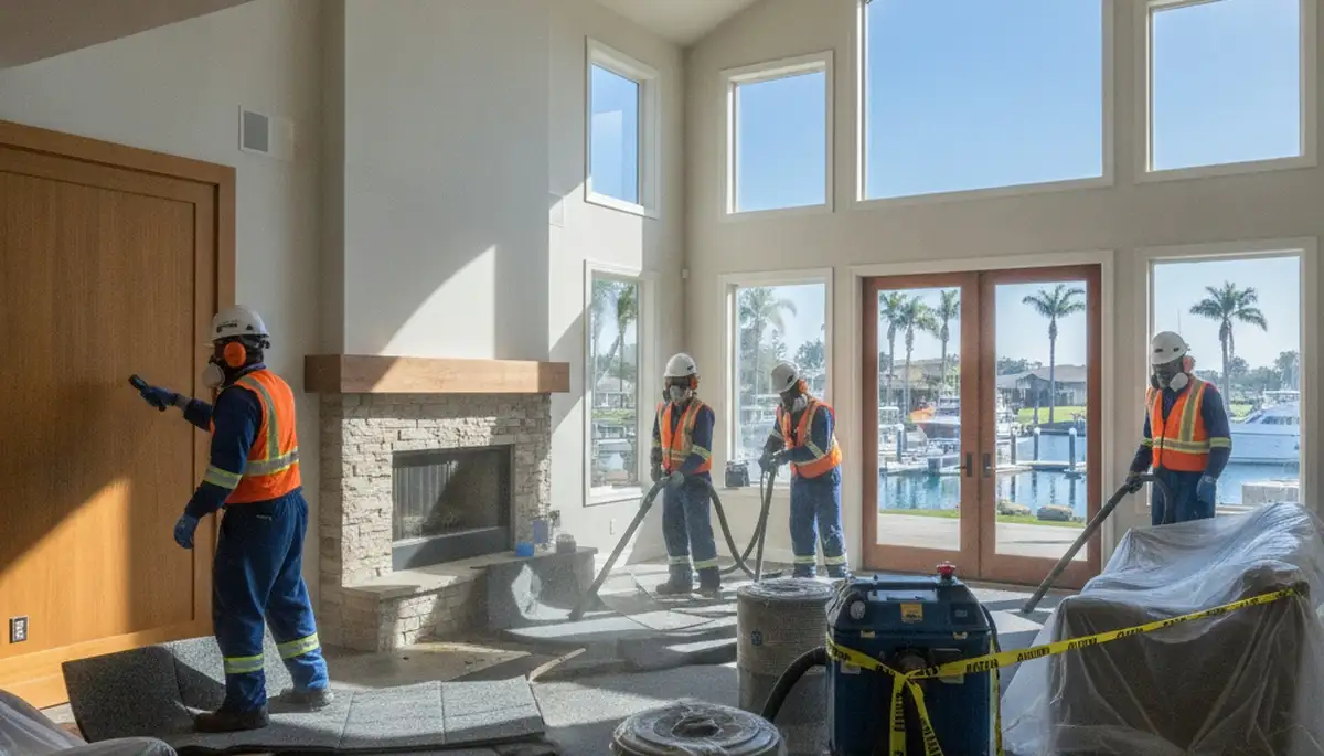 Water damage restoration crew in Stockton, CA inspecting a flooded home for cleanup and repairs