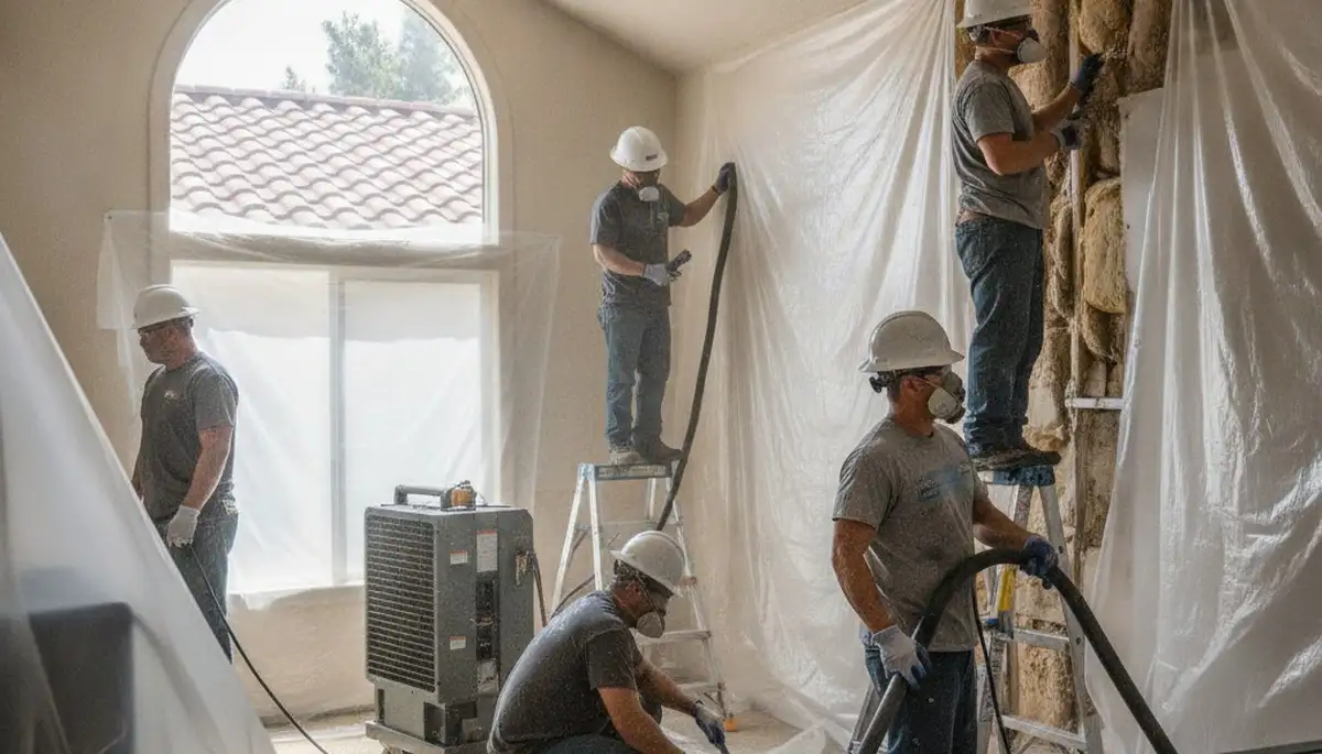 Water damage restoration team in Stockton, CA inspecting a flooded property and drying equipment