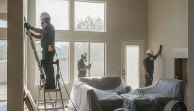 Water damage restoration team in Stockton, CA inspecting a flooded property