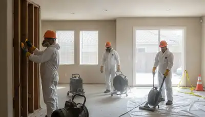 Water damage restoration team in Stockton, CA inspecting and drying a flooded home
