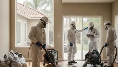 Water damage restoration team in Stockton, CA inspecting and drying a flooded home