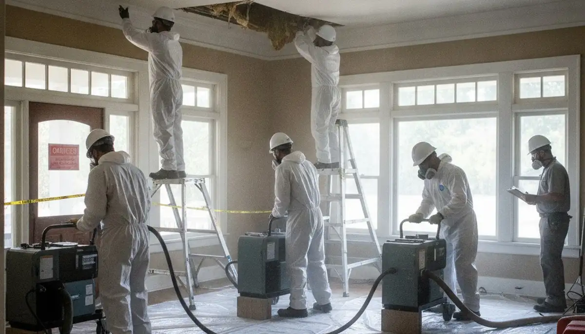 Water damage restoration team in Stockton, CA inspecting and drying a flooded property