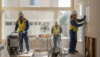 Water damage restoration team in Stockton, CA inspecting and drying a damaged property