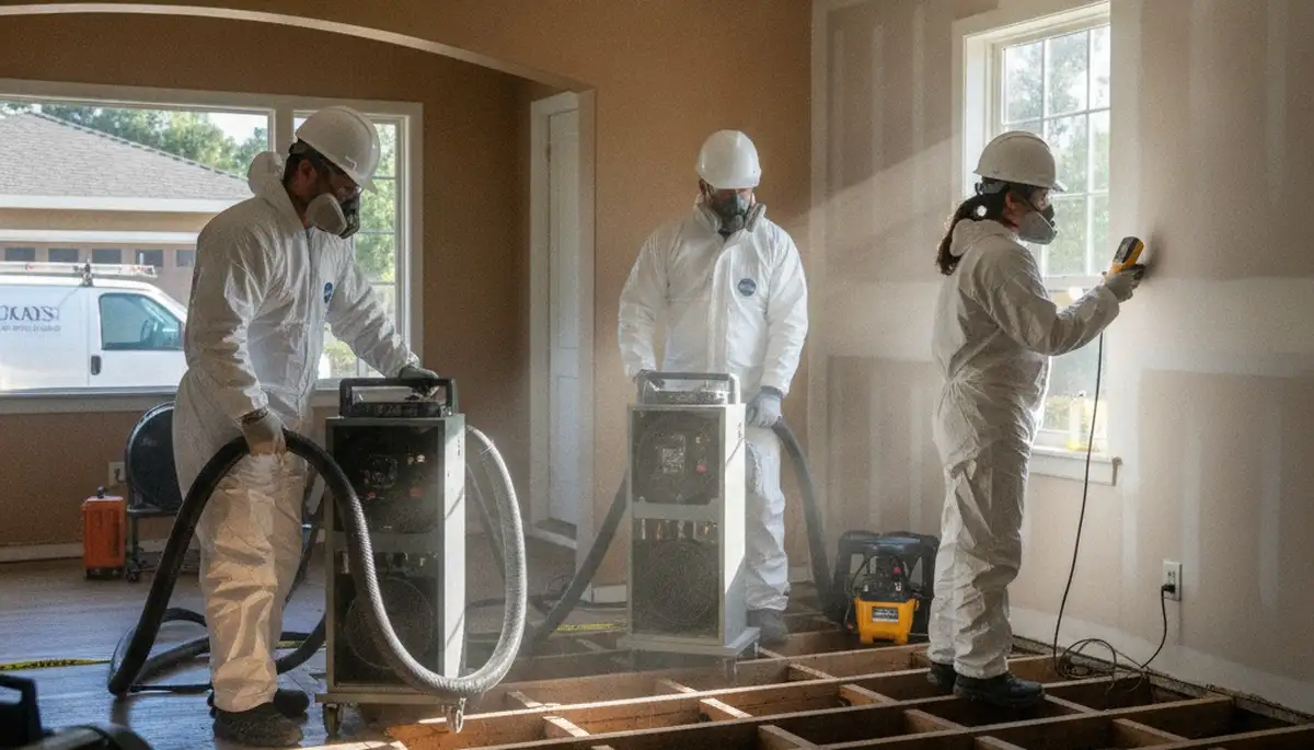 Water damage restoration team in Stockton, CA inspecting a flooded property and equipment