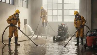 Water extraction service crew removing standing water from a Stockton, CA home after flooding